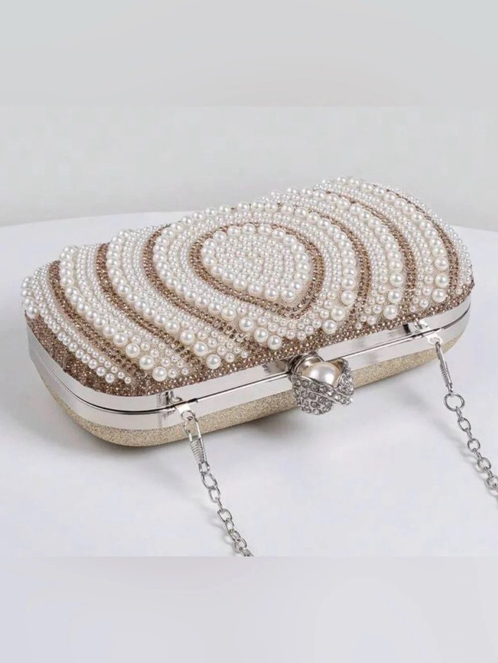 Pearl & Crystal Embellished Clutch - Champagne
